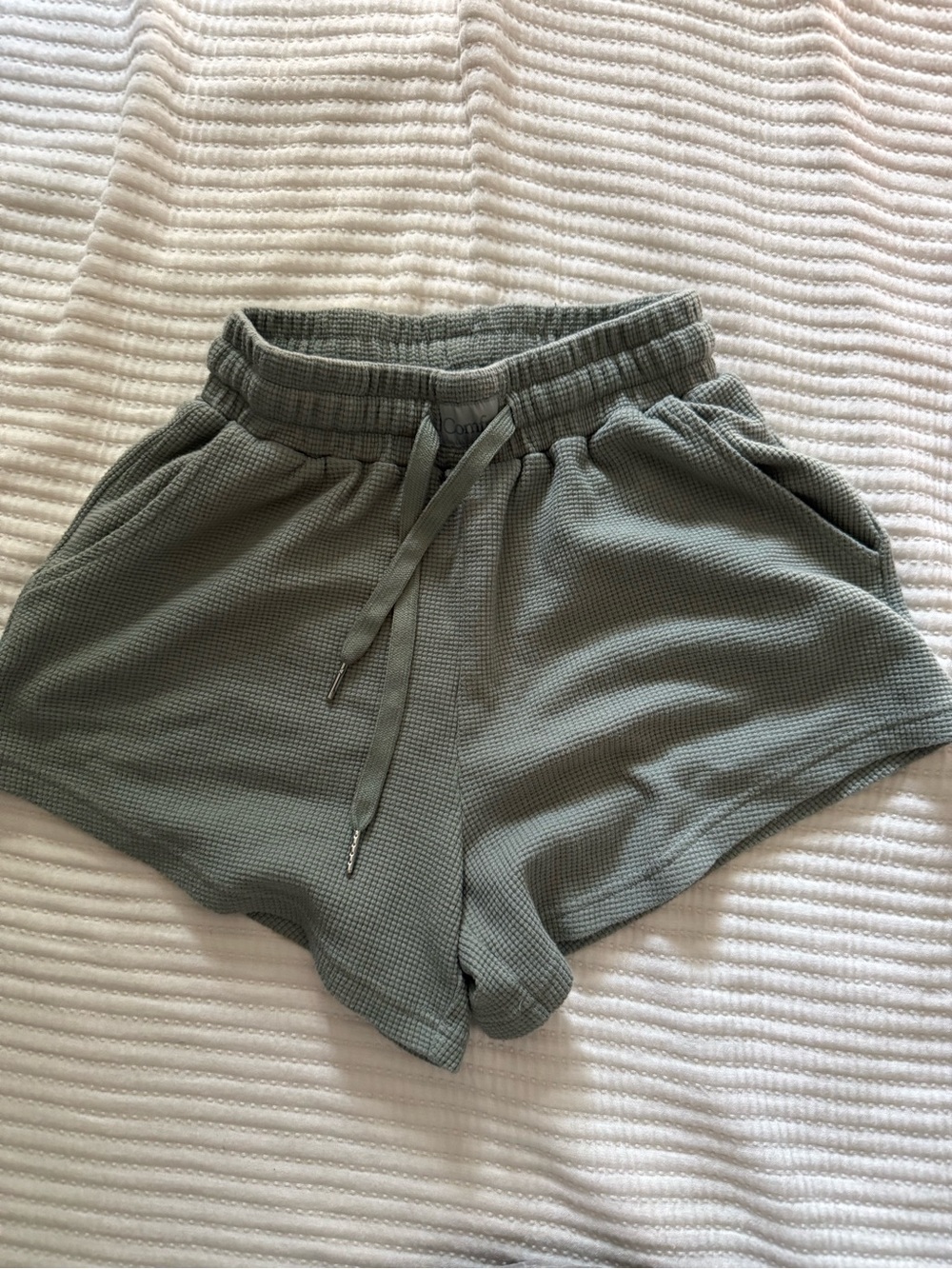 COMFRT Waffle-Knit Drawstring Shorts in Sage Green